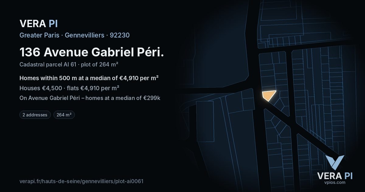 136 Avenue Gabriel Péri, Gennevilliers at night – the plot lit, the parcels around coloured by the prices near them