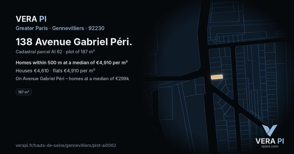 138 Avenue Gabriel Péri, Gennevilliers at night – the plot lit, the parcels around coloured by the prices near them