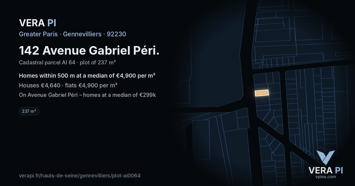 142 Avenue Gabriel Péri, Gennevilliers at night – the plot lit, the parcels around coloured by the prices near them