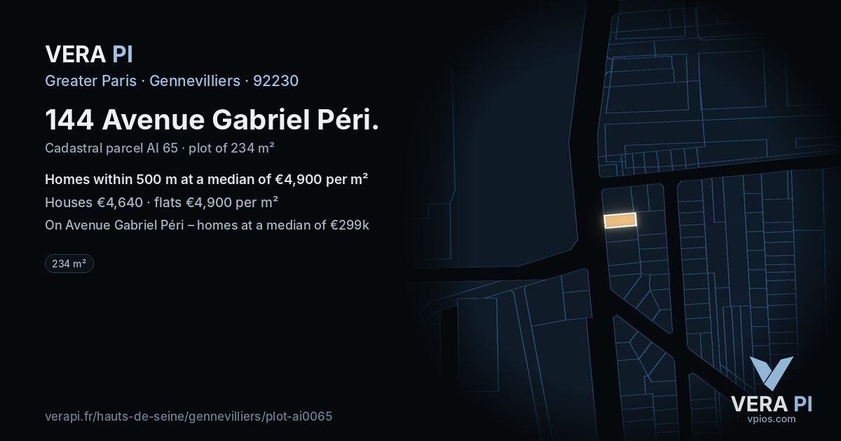 144 Avenue Gabriel Péri, Gennevilliers at night – the plot lit, the parcels around coloured by the prices near them