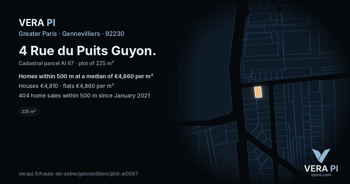 4 Rue du Puits Guyon, Gennevilliers at night – the plot lit, the parcels around coloured by the prices near them