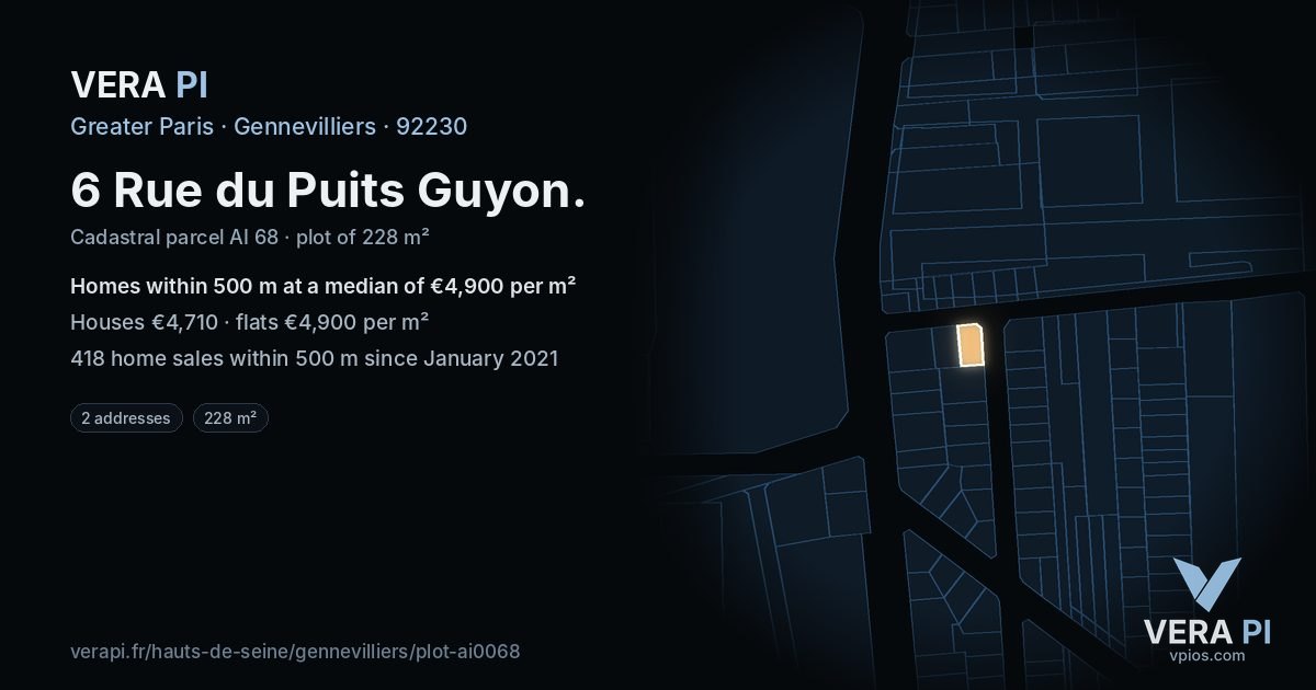 6 Rue du Puits Guyon, Gennevilliers at night – the plot lit, the parcels around coloured by the prices near them