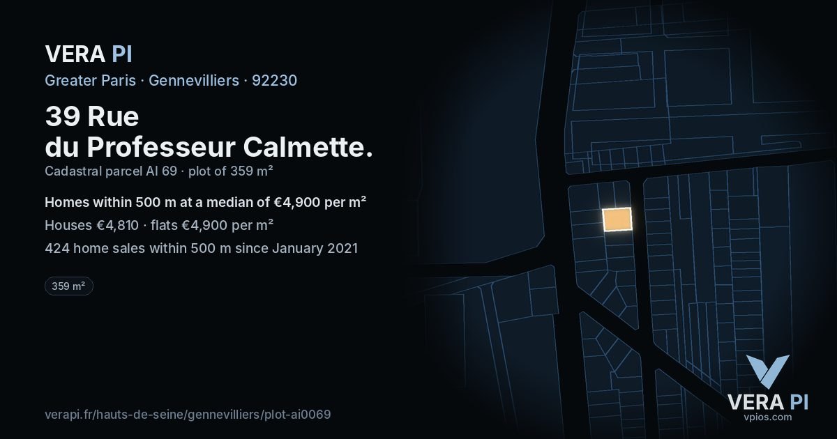 39 Rue du Professeur Calmette, Gennevilliers at night – the plot lit, the parcels around coloured by the prices near them