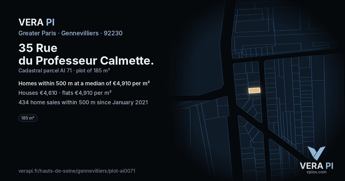 35 Rue du Professeur Calmette, Gennevilliers at night – the plot lit, the parcels around coloured by the prices near them