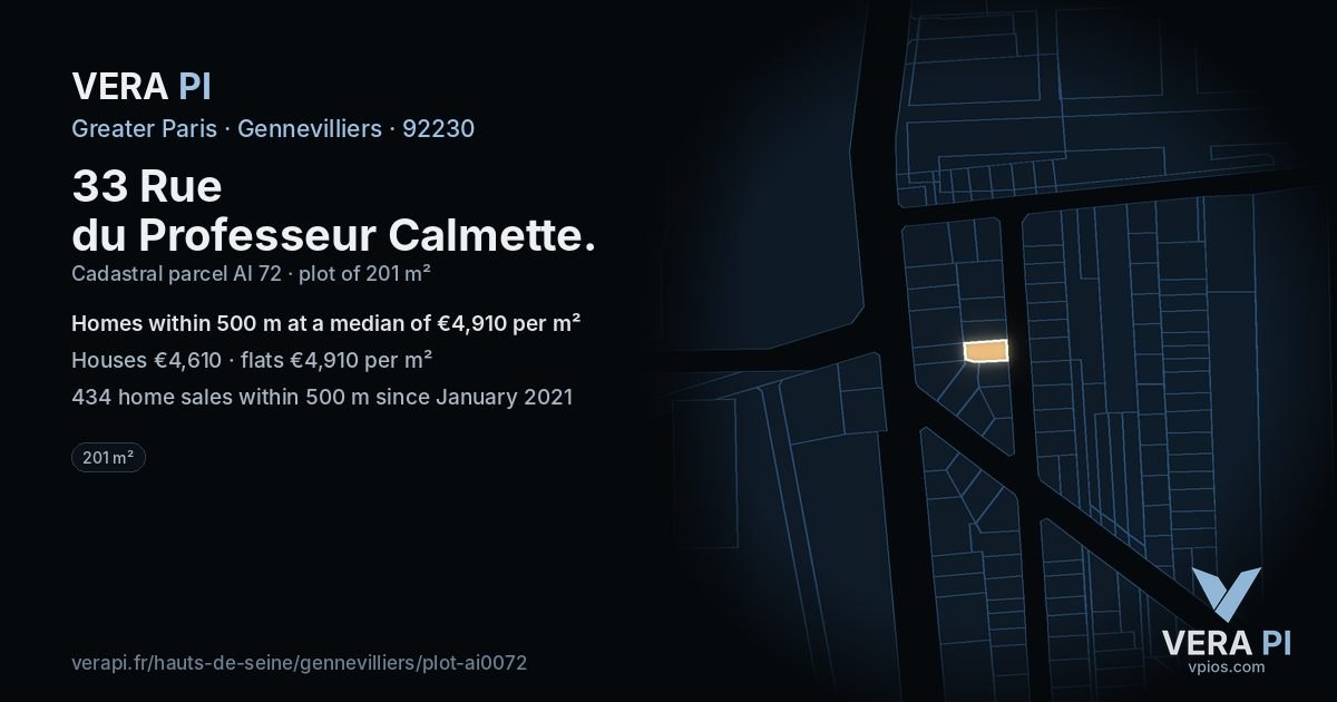33 Rue du Professeur Calmette, Gennevilliers at night – the plot lit, the parcels around coloured by the prices near them