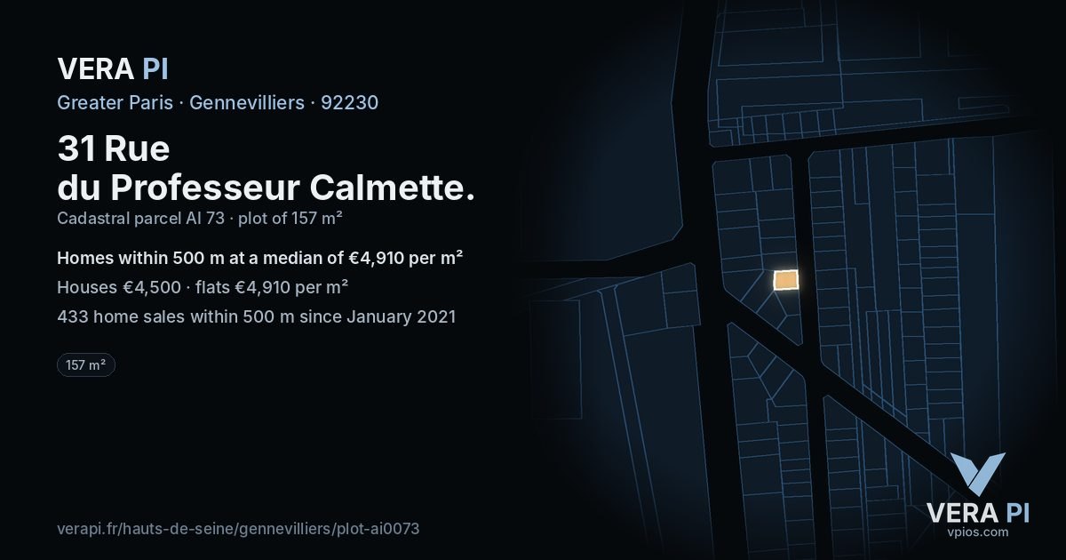 31 Rue du Professeur Calmette, Gennevilliers at night – the plot lit, the parcels around coloured by the prices near them