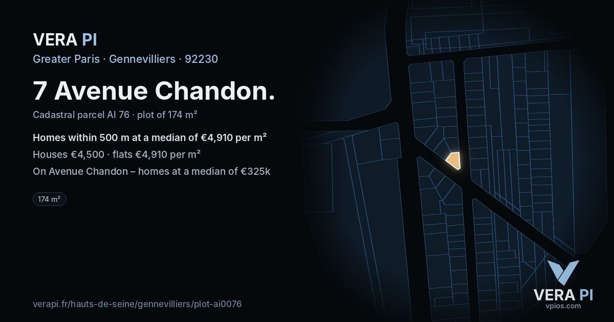 7 Avenue Chandon, Gennevilliers at night – the plot lit, the parcels around coloured by the prices near them
