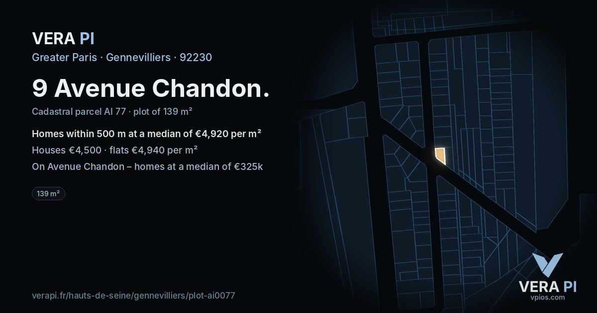 9 Avenue Chandon, Gennevilliers at night – the plot lit, the parcels around coloured by the prices near them