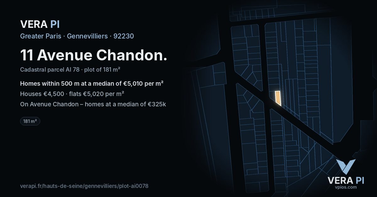 11 Avenue Chandon, Gennevilliers at night – the plot lit, the parcels around coloured by the prices near them