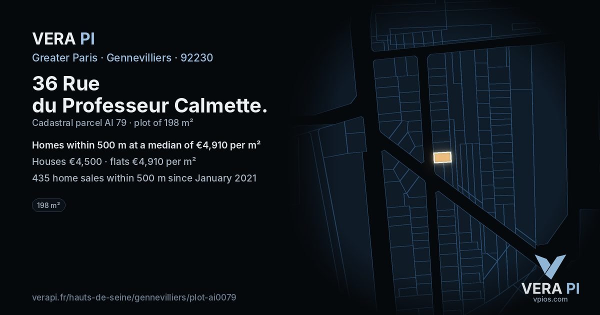 36 Rue du Professeur Calmette, Gennevilliers at night – the plot lit, the parcels around coloured by the prices near them
