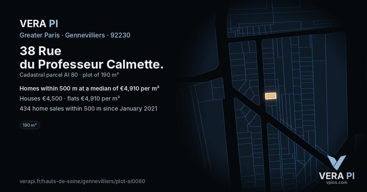 38 Rue du Professeur Calmette, Gennevilliers at night – the plot lit, the parcels around coloured by the prices near them