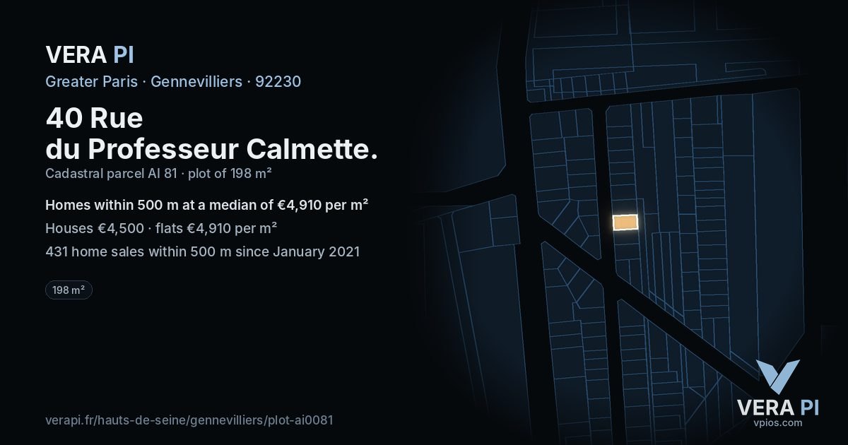 40 Rue du Professeur Calmette, Gennevilliers at night – the plot lit, the parcels around coloured by the prices near them