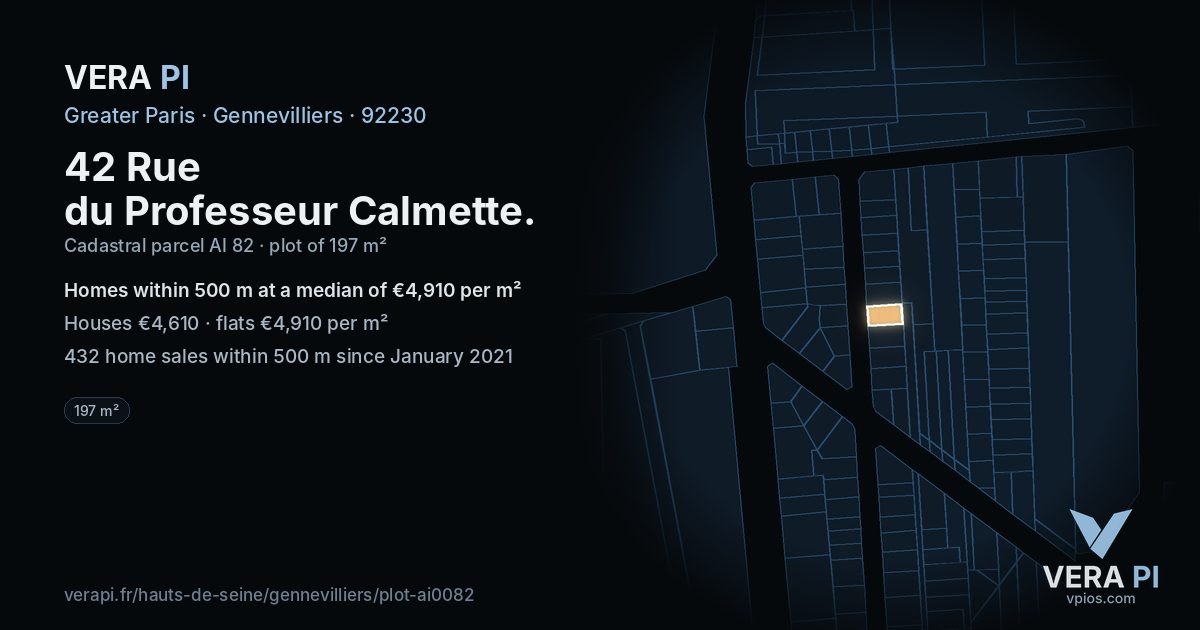 42 Rue du Professeur Calmette, Gennevilliers at night – the plot lit, the parcels around coloured by the prices near them