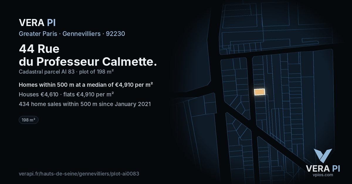 44 Rue du Professeur Calmette, Gennevilliers at night – the plot lit, the parcels around coloured by the prices near them