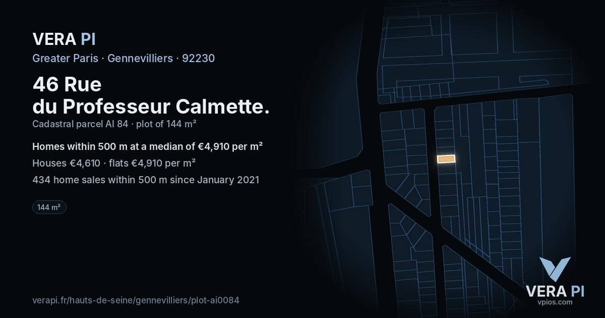 46 Rue du Professeur Calmette, Gennevilliers at night – the plot lit, the parcels around coloured by the prices near them