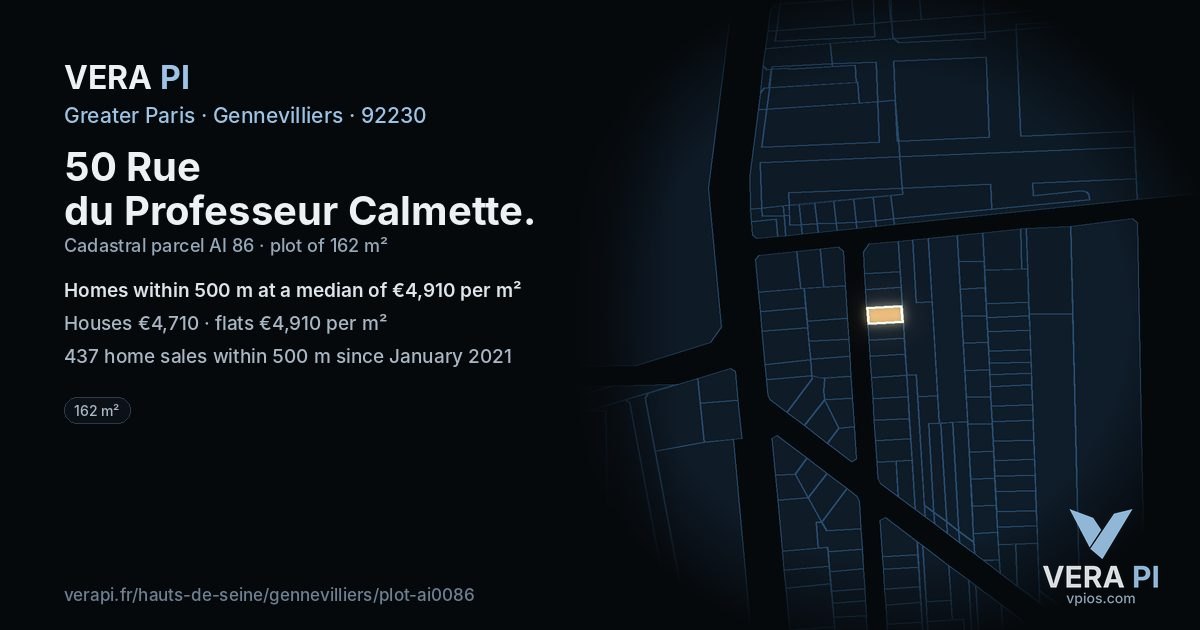 50 Rue du Professeur Calmette, Gennevilliers at night – the plot lit, the parcels around coloured by the prices near them