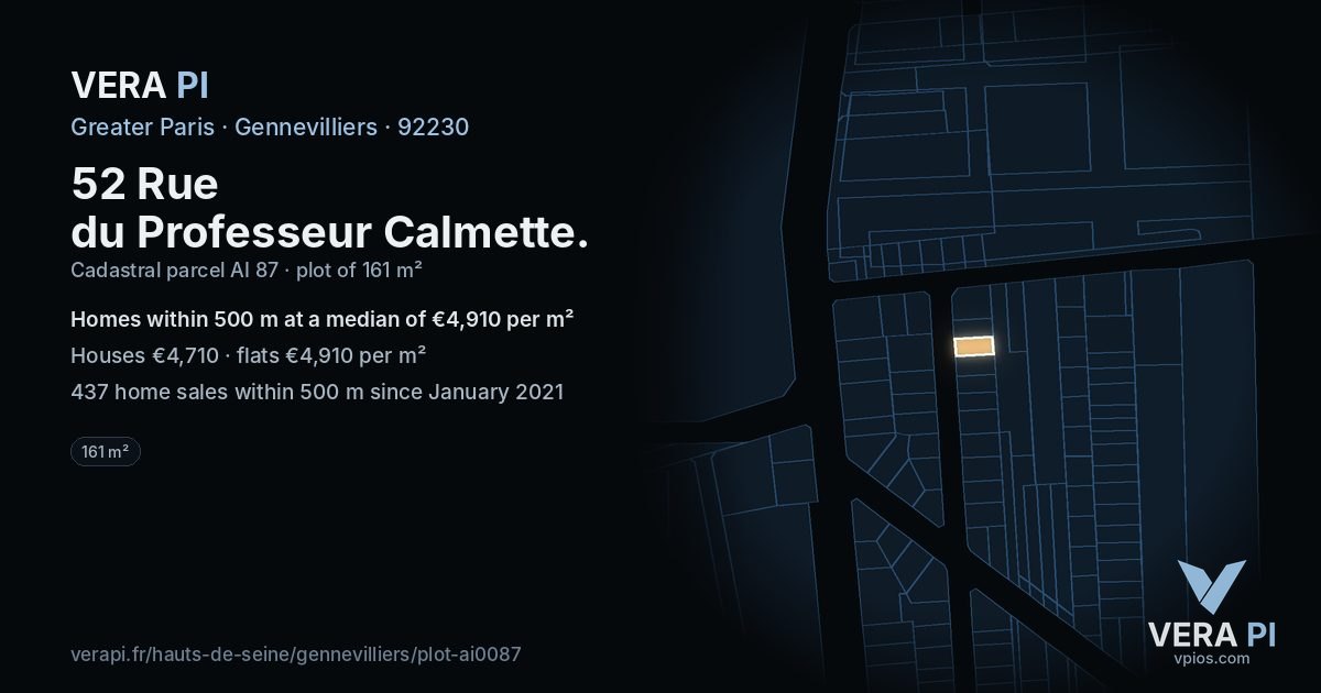 52 Rue du Professeur Calmette, Gennevilliers at night – the plot lit, the parcels around coloured by the prices near them
