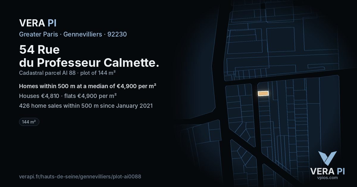 54 Rue du Professeur Calmette, Gennevilliers at night – the plot lit, the parcels around coloured by the prices near them