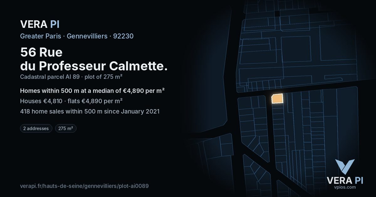 56 Rue du Professeur Calmette, Gennevilliers at night – the plot lit, the parcels around coloured by the prices near them