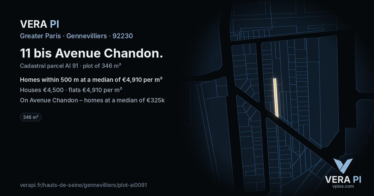 11 bis Avenue Chandon, Gennevilliers at night – the plot lit, the parcels around coloured by the prices near them