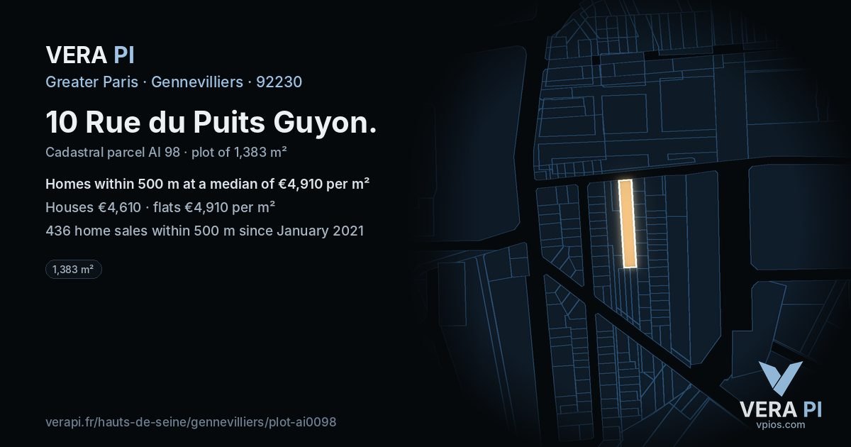 10 Rue du Puits Guyon, Gennevilliers at night – the plot lit, the parcels around coloured by the prices near them