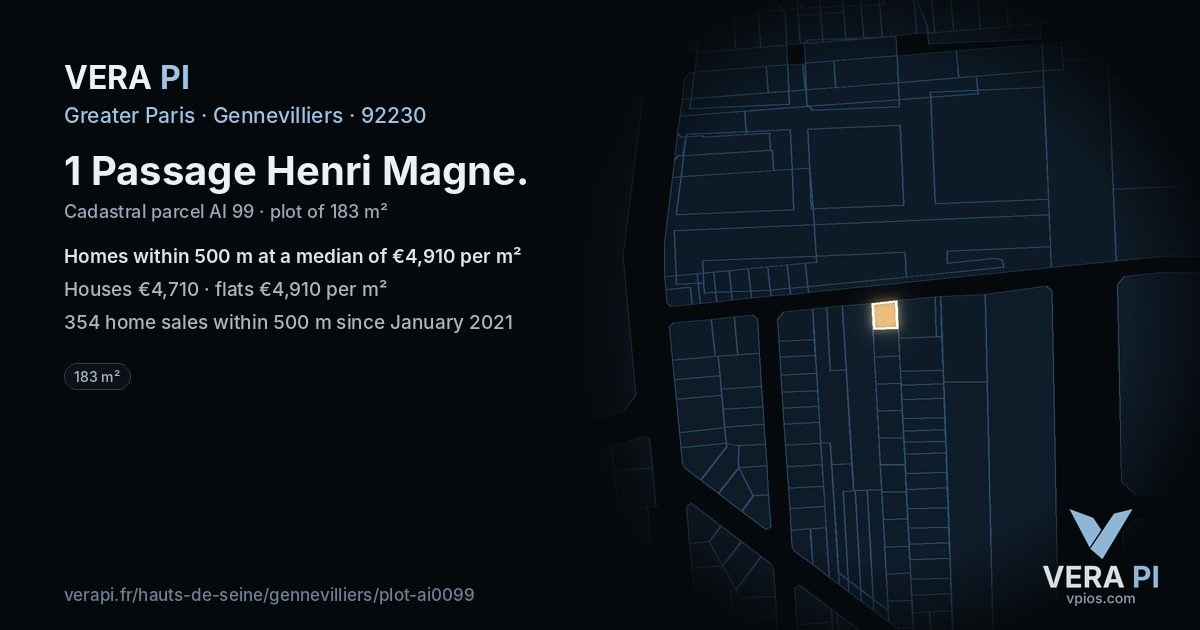 1 Passage Henri Magne, Gennevilliers at night – the plot lit, the parcels around coloured by the prices near them