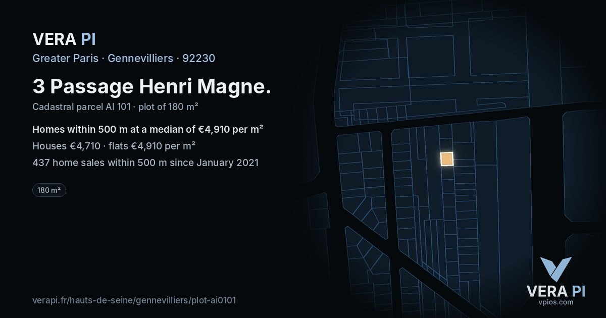 3 Passage Henri Magne, Gennevilliers at night – the plot lit, the parcels around coloured by the prices near them