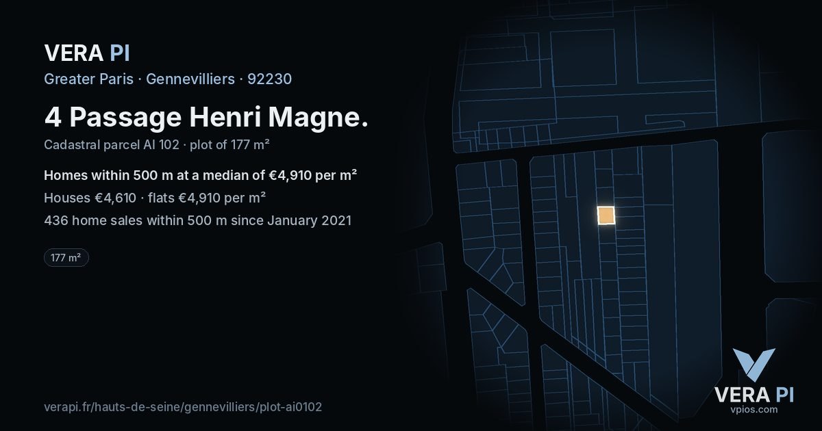 4 Passage Henri Magne, Gennevilliers at night – the plot lit, the parcels around coloured by the prices near them