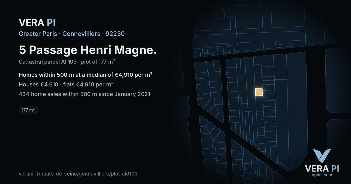 5 Passage Henri Magne, Gennevilliers at night – the plot lit, the parcels around coloured by the prices near them