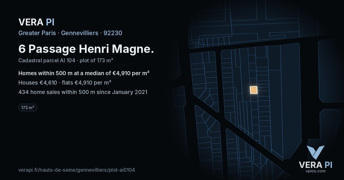 6 Passage Henri Magne, Gennevilliers at night – the plot lit, the parcels around coloured by the prices near them