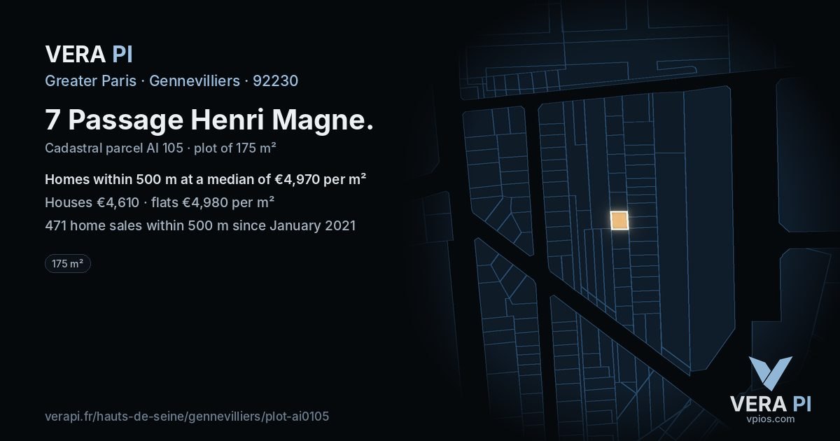 7 Passage Henri Magne, Gennevilliers at night – the plot lit, the parcels around coloured by the prices near them