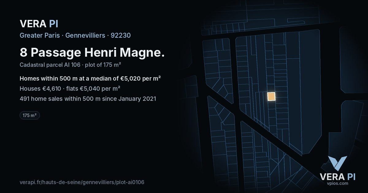 8 Passage Henri Magne, Gennevilliers at night – the plot lit, the parcels around coloured by the prices near them