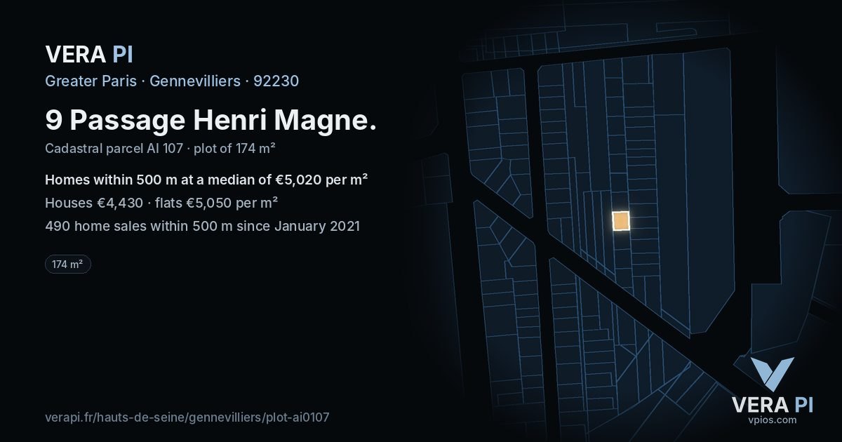 9 Passage Henri Magne, Gennevilliers at night – the plot lit, the parcels around coloured by the prices near them