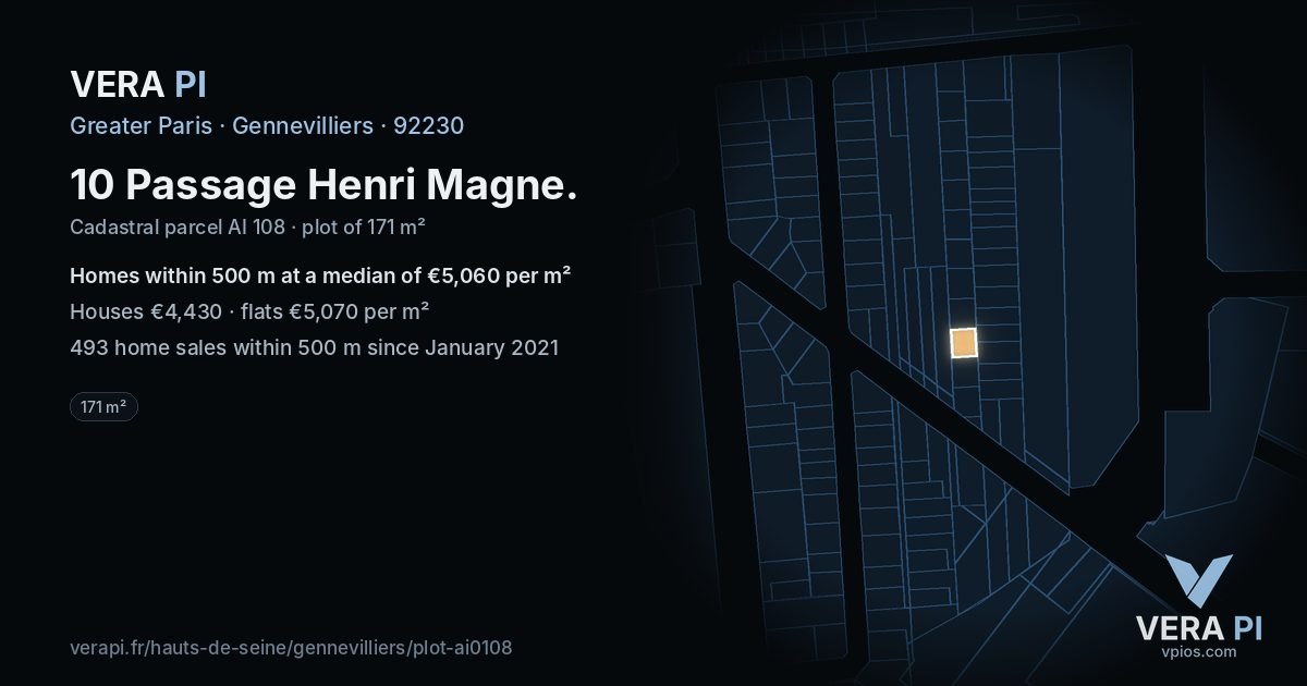 10 Passage Henri Magne, Gennevilliers at night – the plot lit, the parcels around coloured by the prices near them