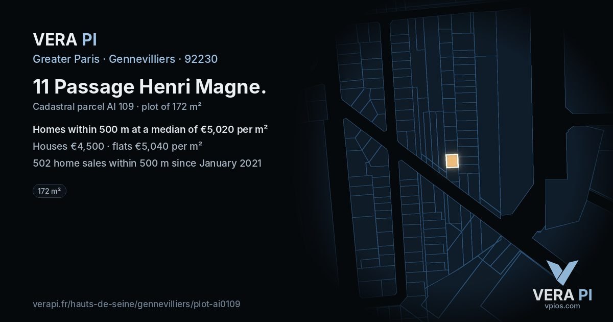 11 Passage Henri Magne, Gennevilliers at night – the plot lit, the parcels around coloured by the prices near them