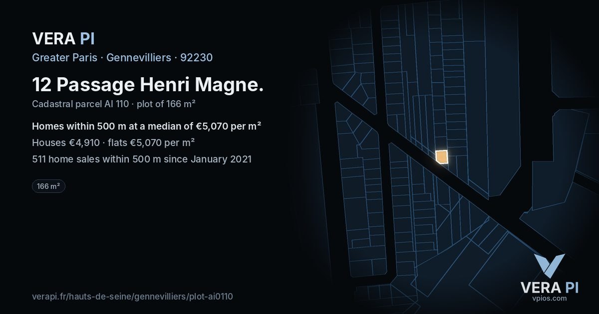 12 Passage Henri Magne, Gennevilliers at night – the plot lit, the parcels around coloured by the prices near them