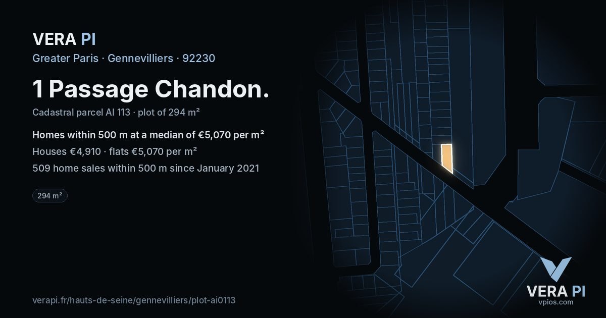 1 Passage Chandon, Gennevilliers at night – the plot lit, the parcels around coloured by the prices near them
