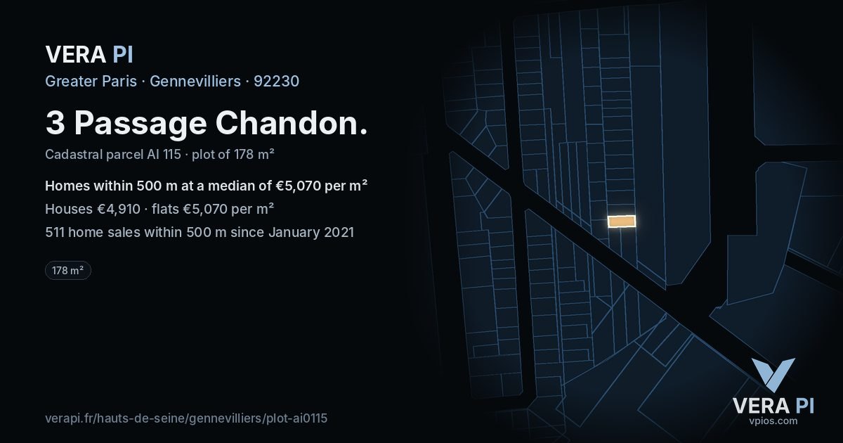 3 Passage Chandon, Gennevilliers at night – the plot lit, the parcels around coloured by the prices near them