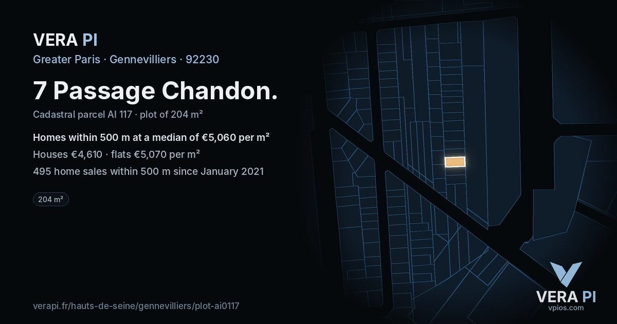 7 Passage Chandon, Gennevilliers at night – the plot lit, the parcels around coloured by the prices near them