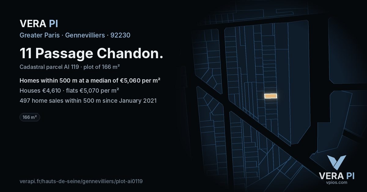 11 Passage Chandon, Gennevilliers at night – the plot lit, the parcels around coloured by the prices near them