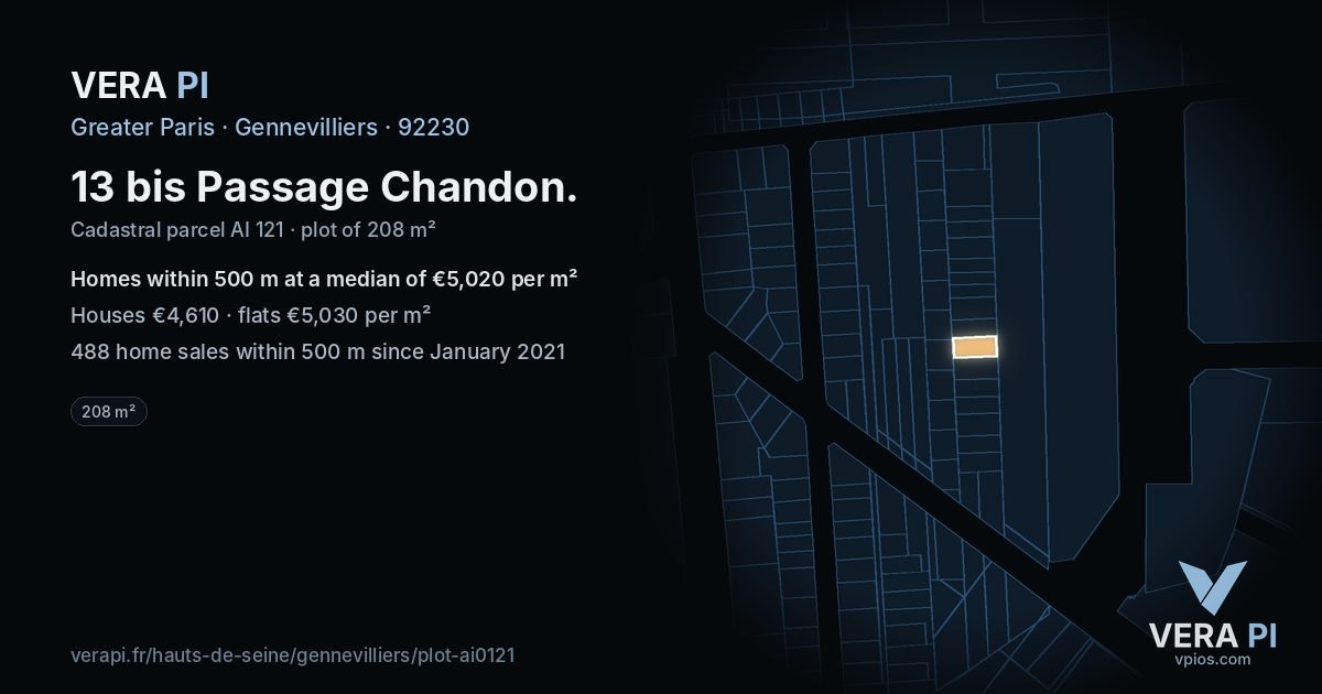 13 bis Passage Chandon, Gennevilliers at night – the plot lit, the parcels around coloured by the prices near them