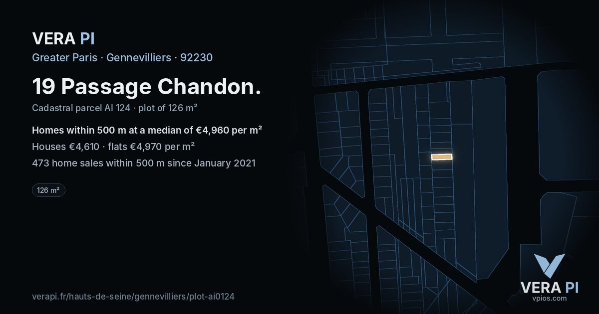 19 Passage Chandon, Gennevilliers at night – the plot lit, the parcels around coloured by the prices near them