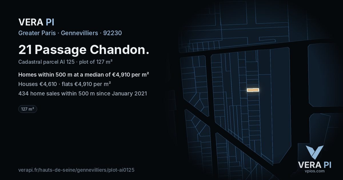 21 Passage Chandon, Gennevilliers at night – the plot lit, the parcels around coloured by the prices near them