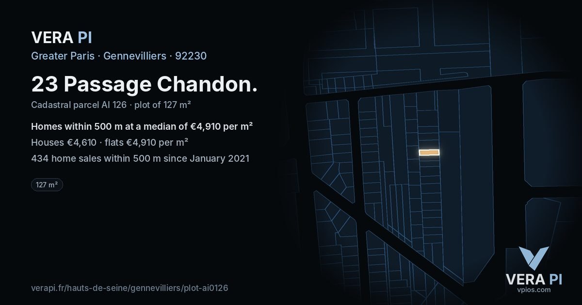 23 Passage Chandon, Gennevilliers at night – the plot lit, the parcels around coloured by the prices near them