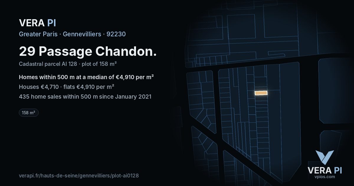 29 Passage Chandon, Gennevilliers at night – the plot lit, the parcels around coloured by the prices near them