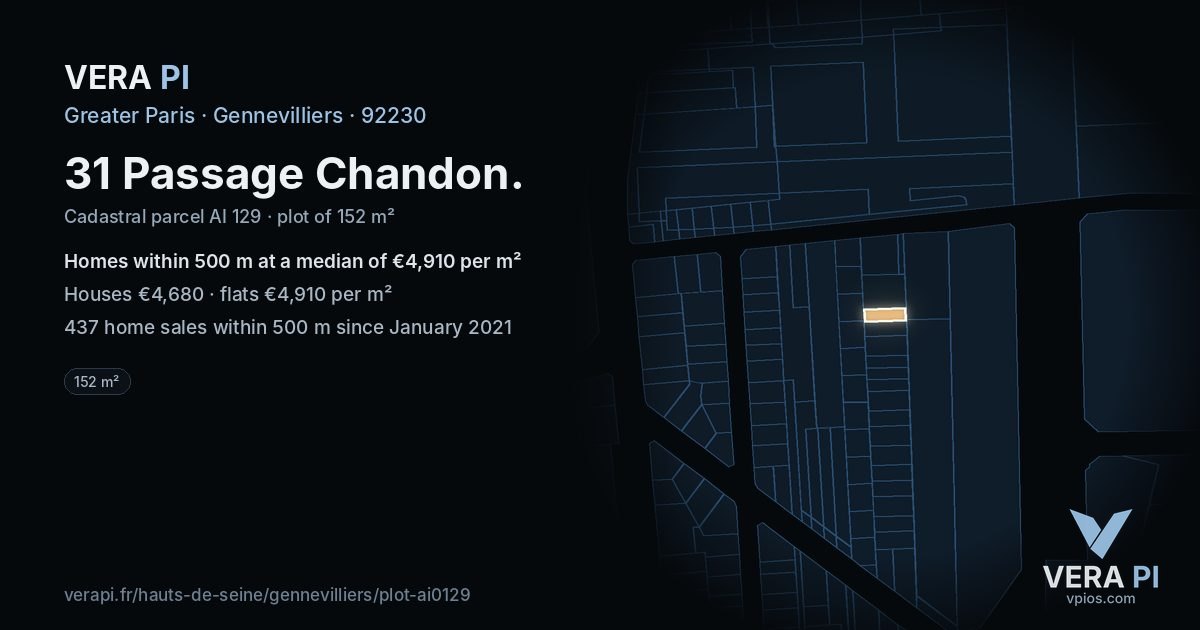 31 Passage Chandon, Gennevilliers at night – the plot lit, the parcels around coloured by the prices near them
