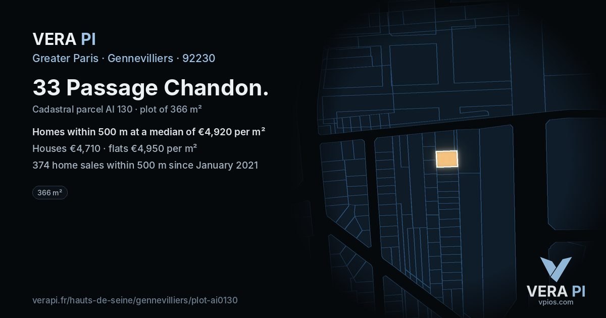 33 Passage Chandon, Gennevilliers at night – the plot lit, the parcels around coloured by the prices near them