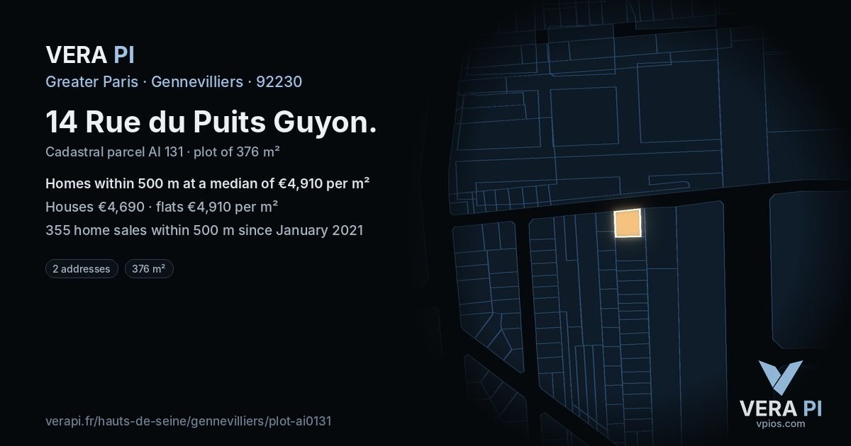 14 Rue du Puits Guyon, Gennevilliers at night – the plot lit, the parcels around coloured by the prices near them