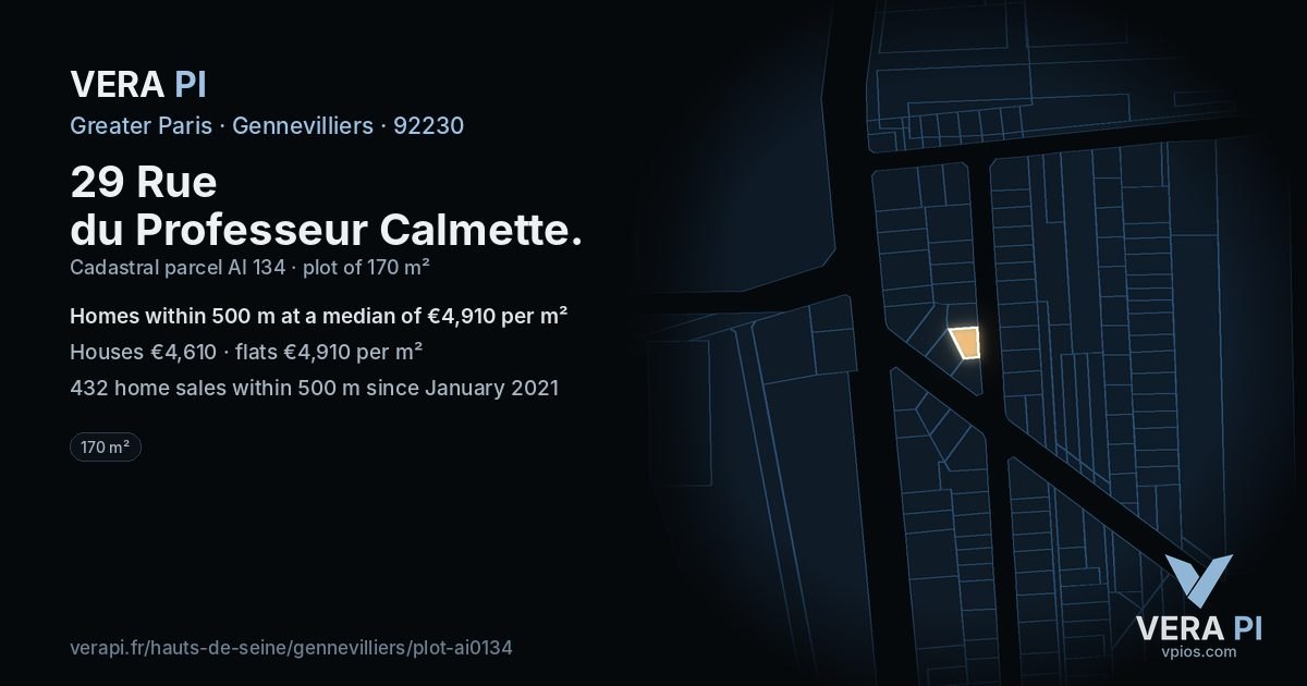 29 Rue du Professeur Calmette, Gennevilliers at night – the plot lit, the parcels around coloured by the prices near them
