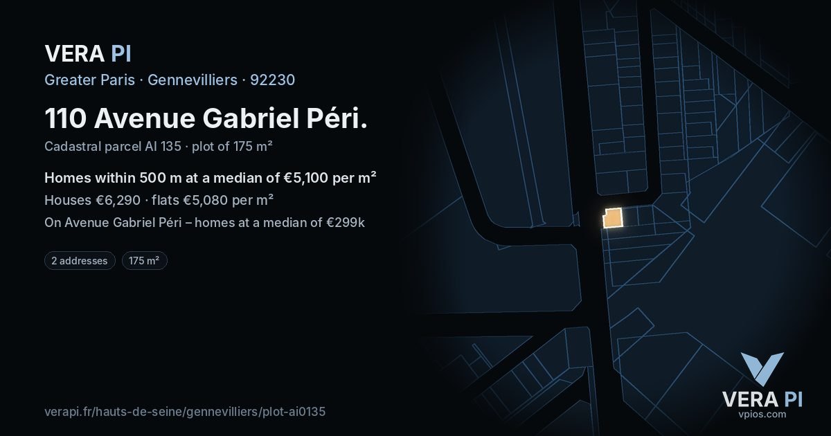 110 Avenue Gabriel Péri, Gennevilliers at night – the plot lit, the parcels around coloured by the prices near them